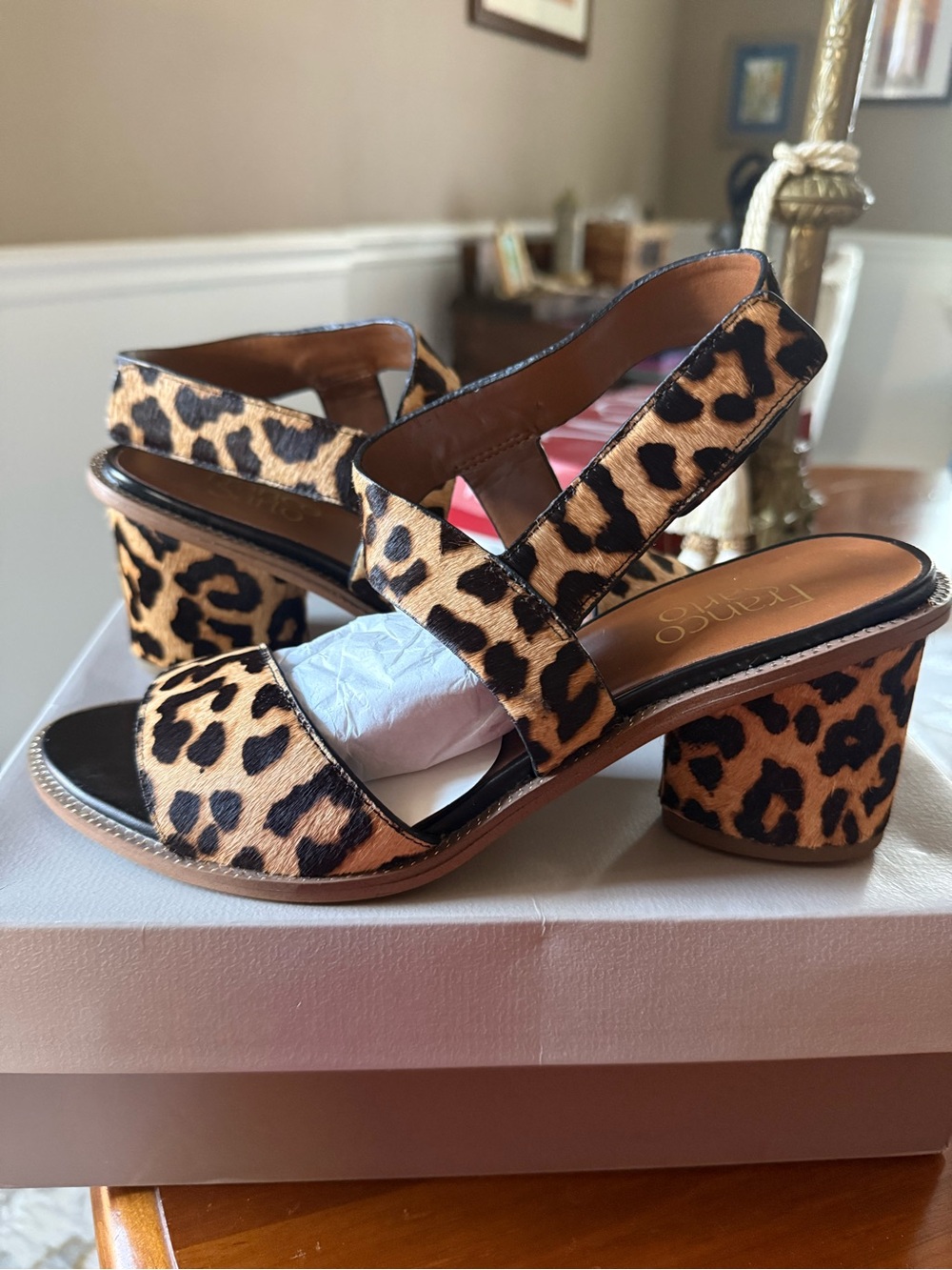 Franco Sarto Camel Leopard-Print Block Heel Sandals - Tan and Black